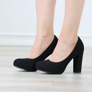 Black Block Heel Pumps Closed Toe Slip On High Heel Classic Style